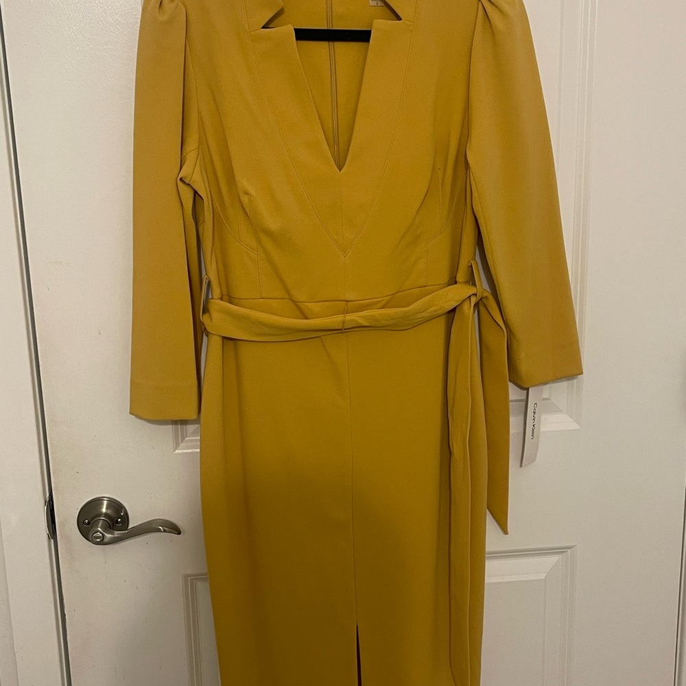 Calvin Klein Yellow Sheath Dress with Puff Sleeves